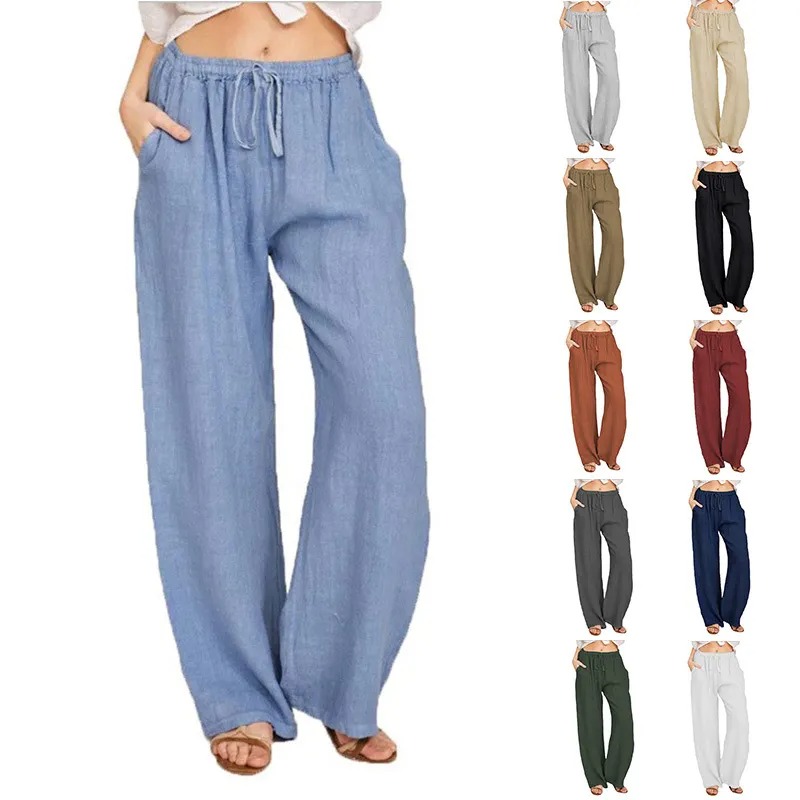 Women's Cotton Linen Pants Casual Loose Solid Elastic Waist Pocket Straight Trousers Ladies Oversize Wide Leg Pant Streetwear Z260314