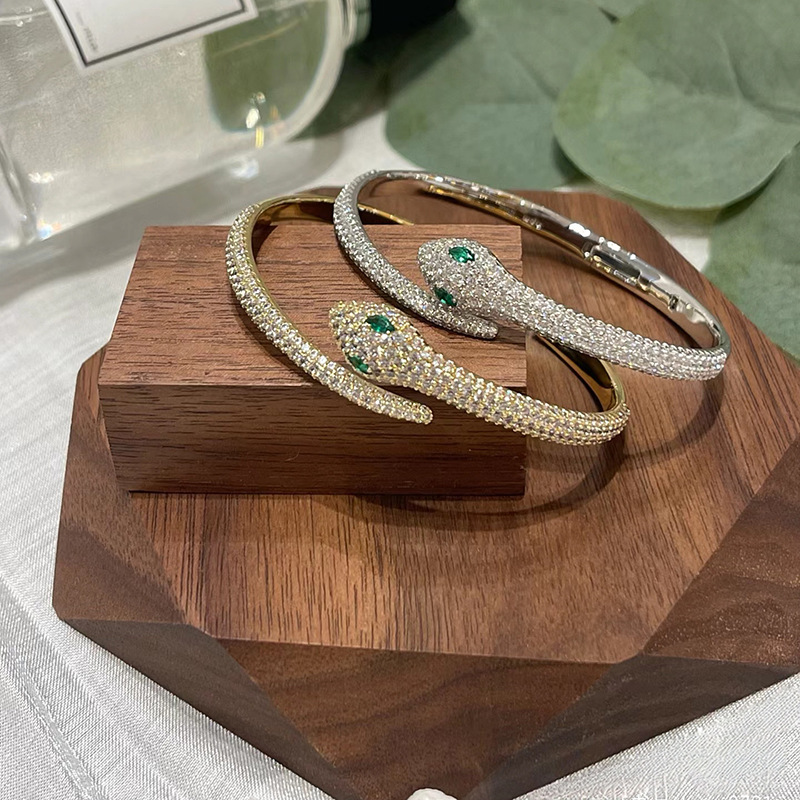 Silver Tone Snake Shaped Cuff Bracelet Pave Crystal Body & Green Gemstone Eyes Edgy Luxurious Party Jewelry And Gift For Her High Quality Stylish Desi
