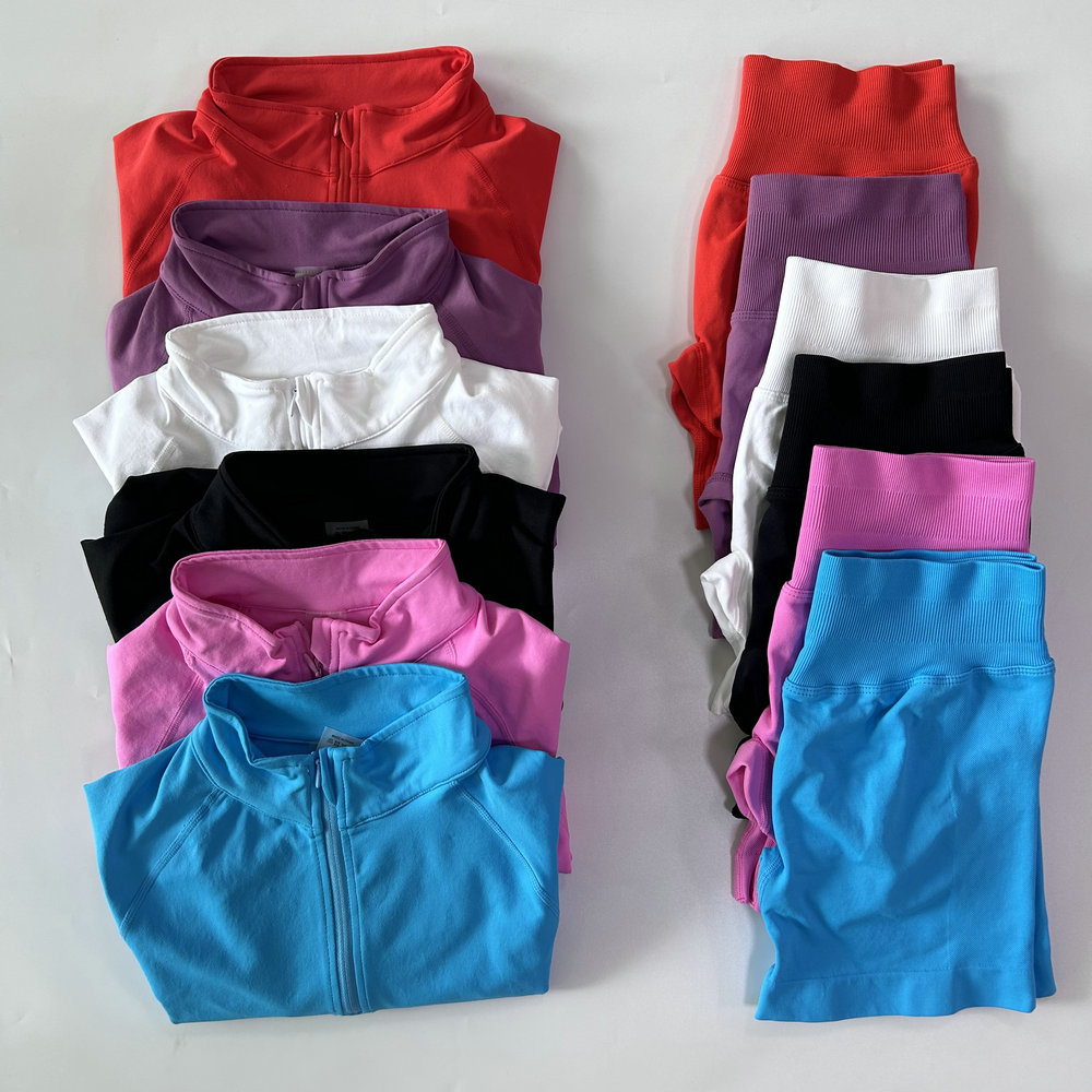 2pcs Sport Sets Long Sleeve Jacket Yoga Top With Half Zip Coat Women Push Up Shorts Fiess Suits Seamless Running Workout Set Clothing Activewear