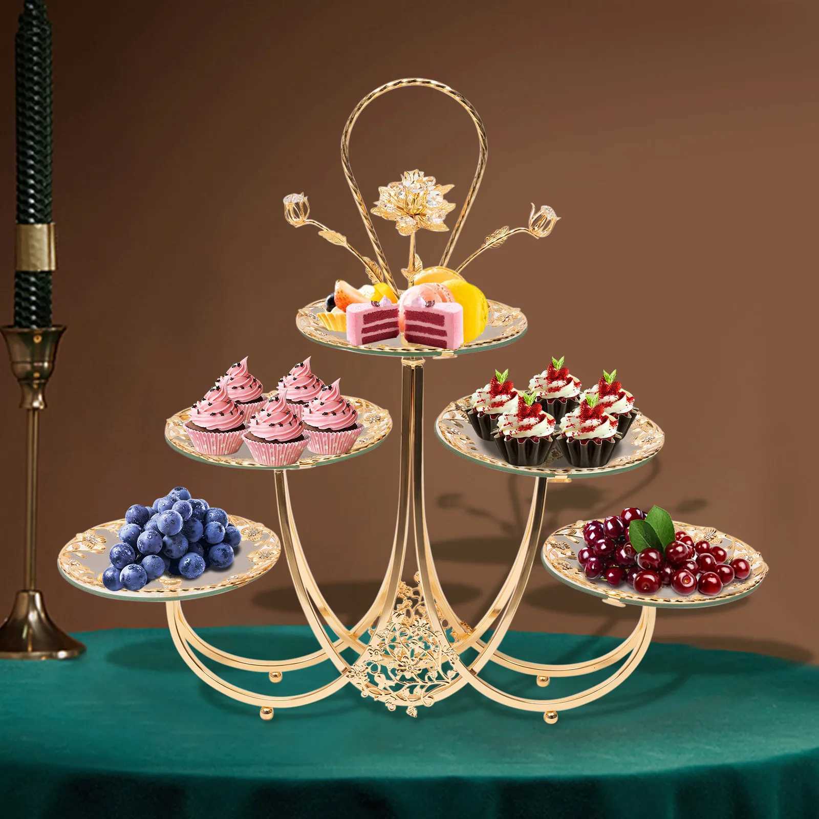 3-Tier Cake Stand with Tempered Glass Plates and Gold Iron Frame Perfect for Serving Cupcakes Desserts and Treats at Events X250721