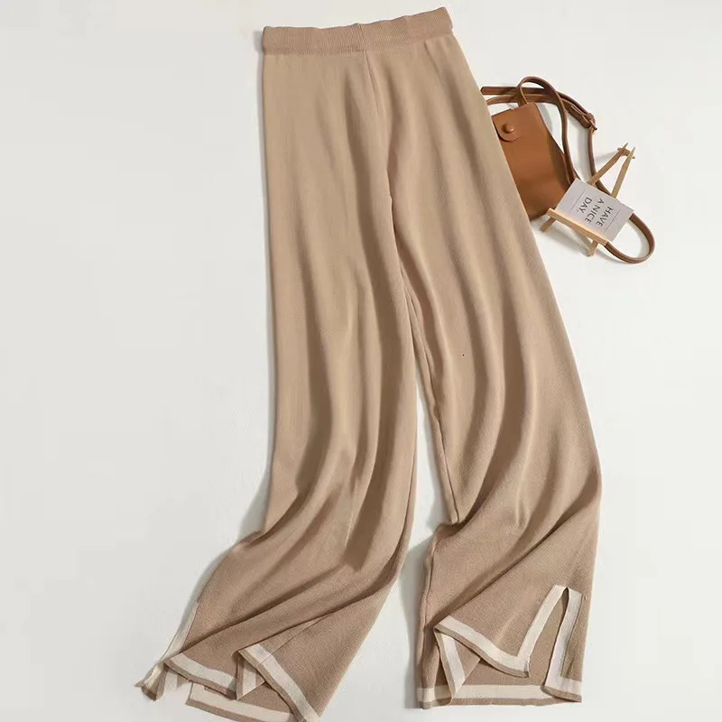 Women Two Piece Set Knit Sweater Suit Short Sleeve Round Neck Tops Loose Wide Leg Pants Solid Splice Midi Waist Casual 250714
