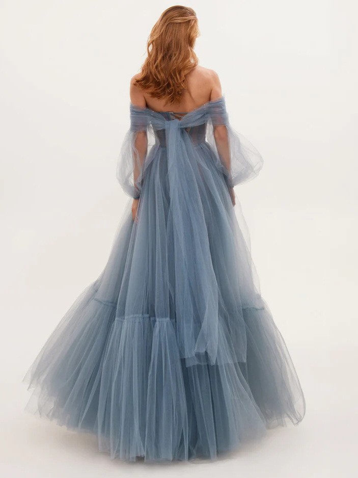 L7201Foreign trade long women's clothing wish one shoulder mesh long sleeve wedding dress tulle long skirt
