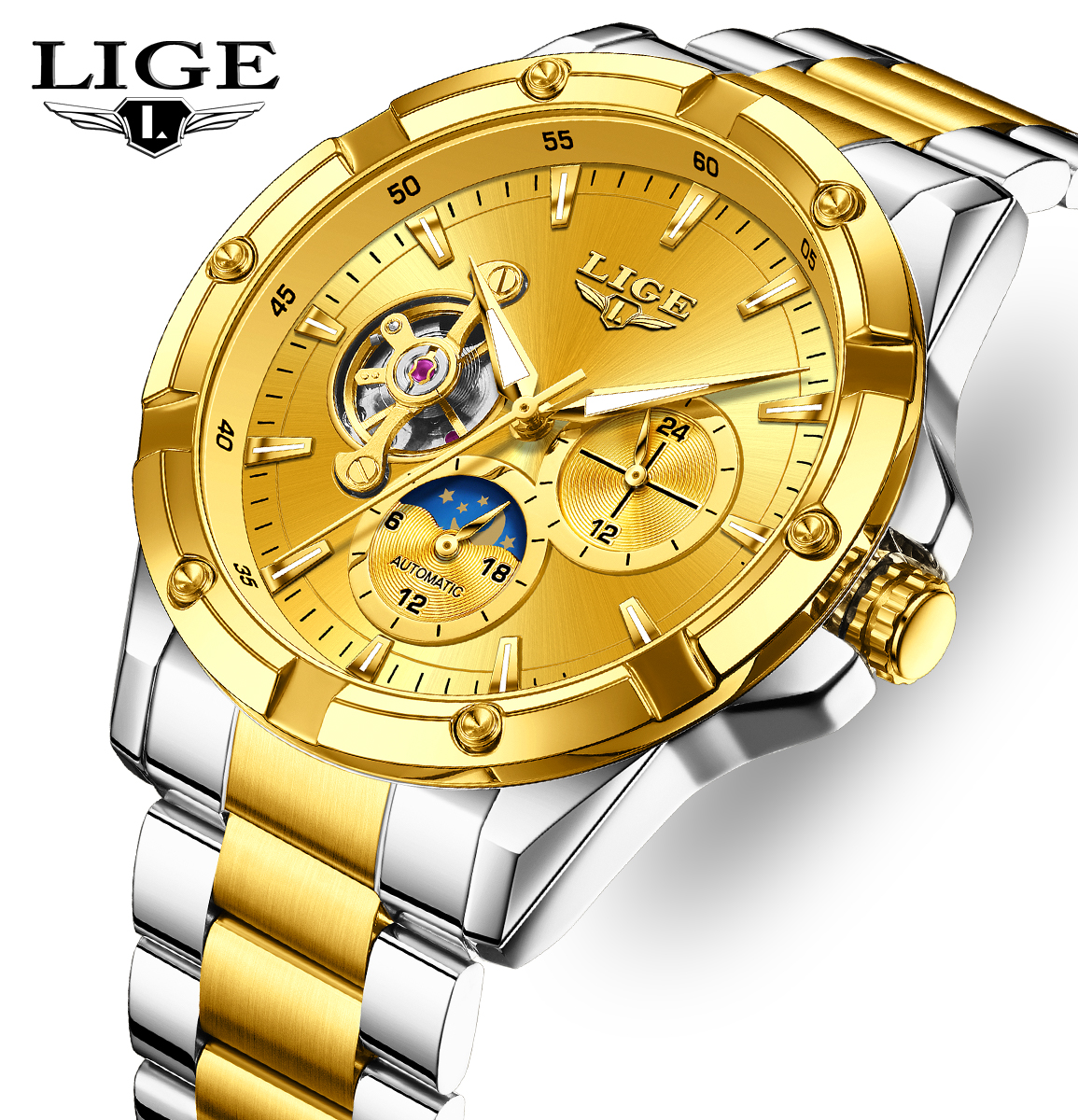 LIGE Men's Mechanical Watch Stainless Steel Band Fashion Business Watch 30m Waterproof Watch Tourbillon Multifunctional Mechanical Watch Holiday 