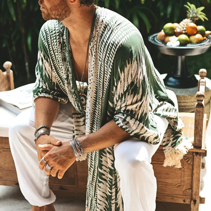 Vintage Pattern Print Trench Coat for Men Casual Loose Tassel Shawl Top Cardigan Summer Hawaiian Beach Sunscreen Cloak Men Capes 250714