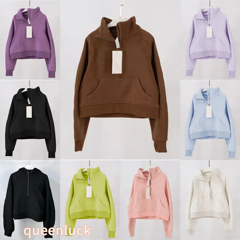 CNLONGBIDA Women's Hoodies Stand Collar Cropped Pullover Half Zip Women Overzised Hoodie Thumb Hole Long Sleeve Clothes Solid Color Loose Fit Daily