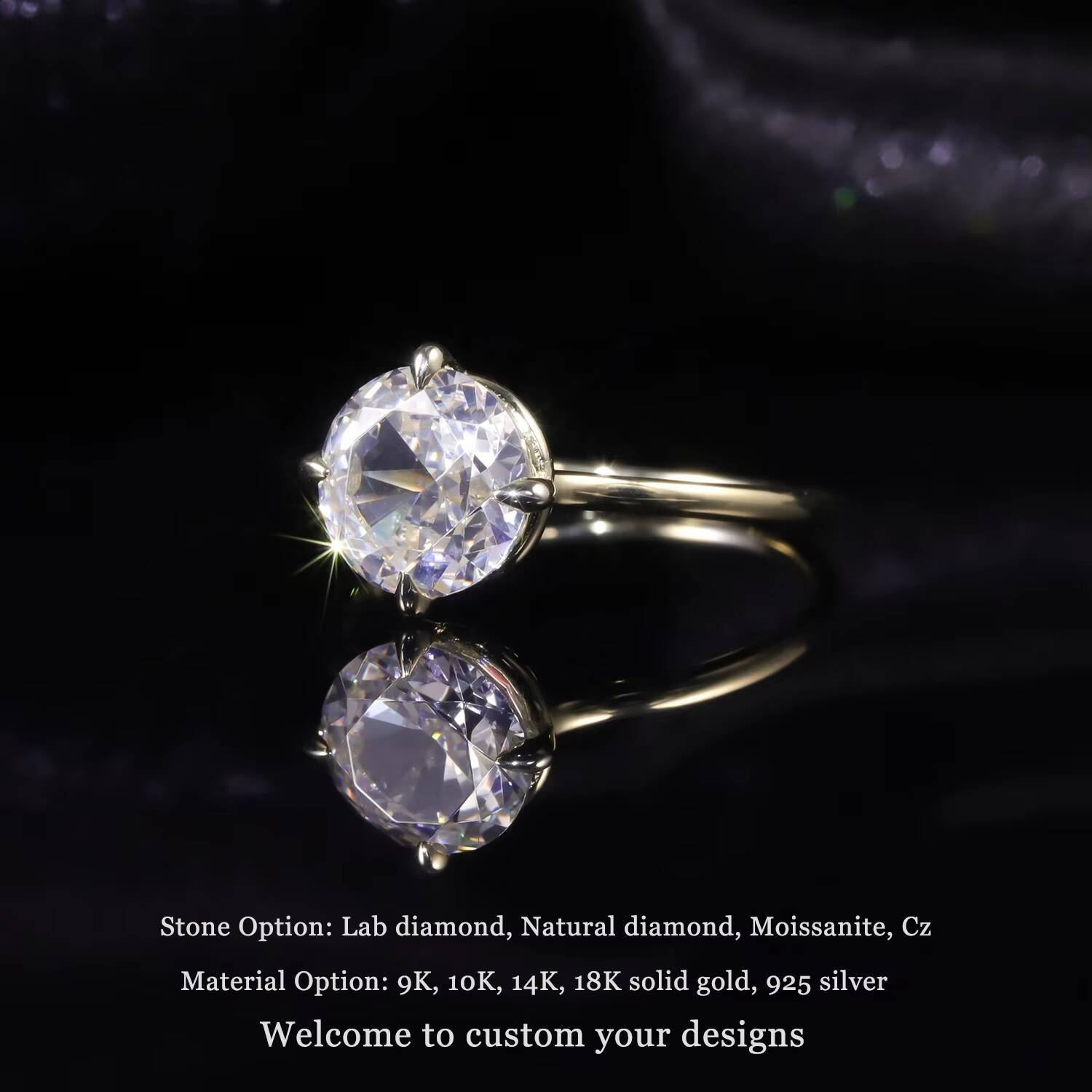 Minimalist 4 Prong Round Fancy Iced Cut 8mm D VVS Round Brilliant 2CT Moissanite 10K 14K Yellow Gold Ring With GRA Certificate