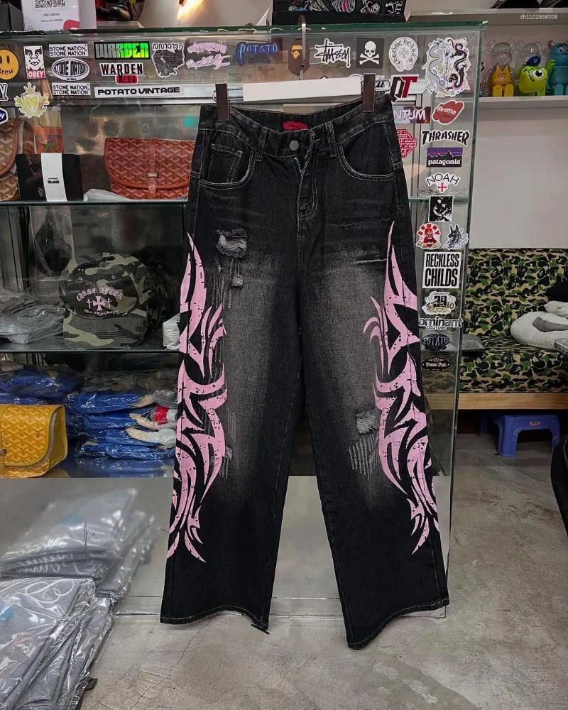 Men's Jeans Men Black High Waist Loose Fit Ripped Distressed With Pink Graffiti Print Stylish Hip Hop Vintage Style Casual Denim Pants
