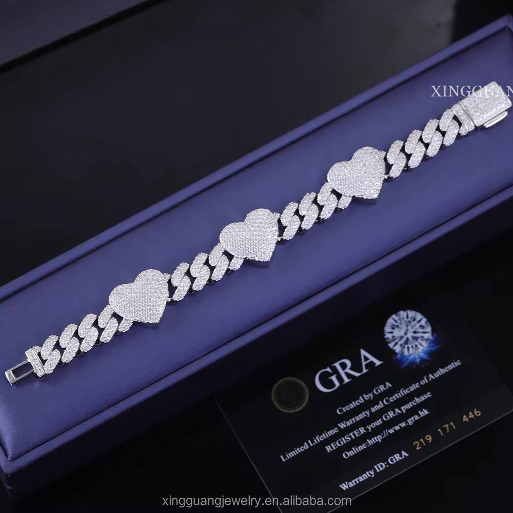 Fashion Heart Design Mossanite Bracelet Iced Out Diamond Hip Hop Bracelet S925 Silver VVS Moissanite Cuban Link Bracelet for Men