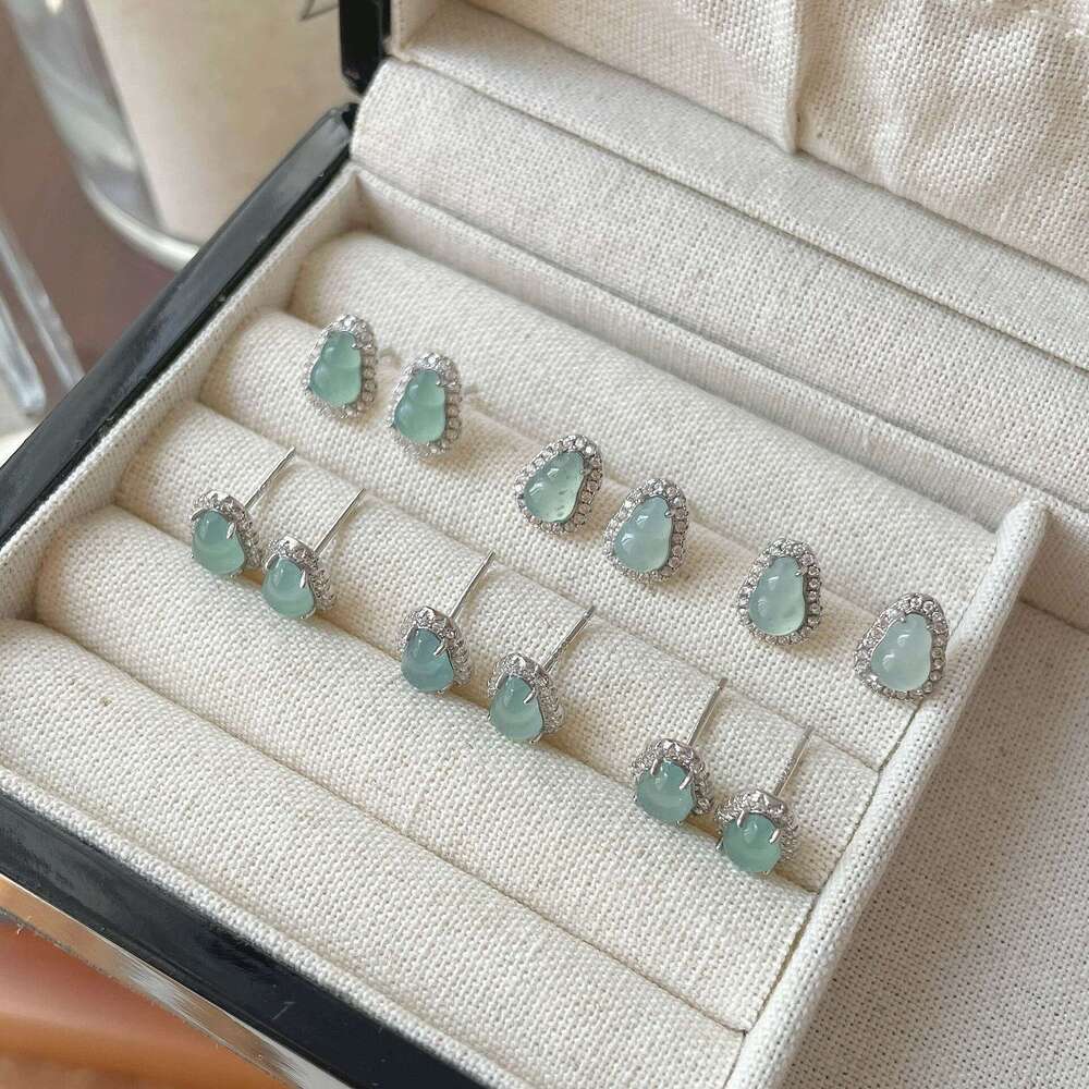 Tiqi New Chinese Style Natural Blue Water Gourd for Women, Light High-end Flashing Zircon Fortune Jade Stone Earrings Trend