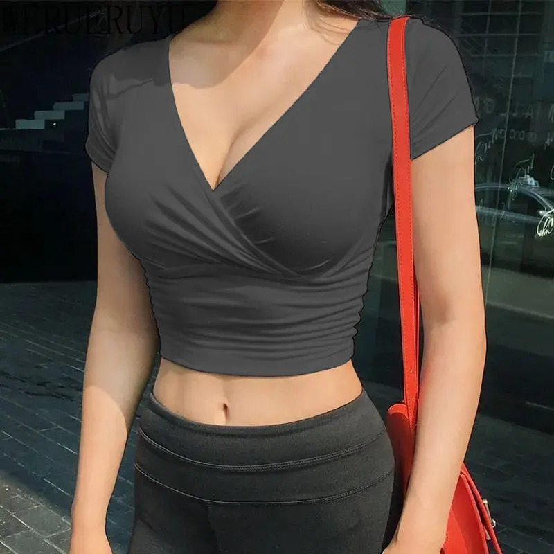 Summer Black Sexy Vneck Tshirt Short Sleeve Y2k Crop Top Women Clothes Streetwear Korean Fashion Corset Tops Tshirts 2023 250707