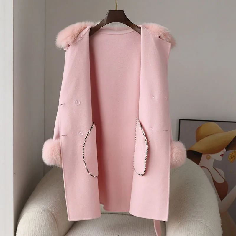 s Autumn Winter Women Fur Coat Cashmere Wool Blends With Detachable Fox Fur Collar Cuffs Slim Ladies Overcoat 250717