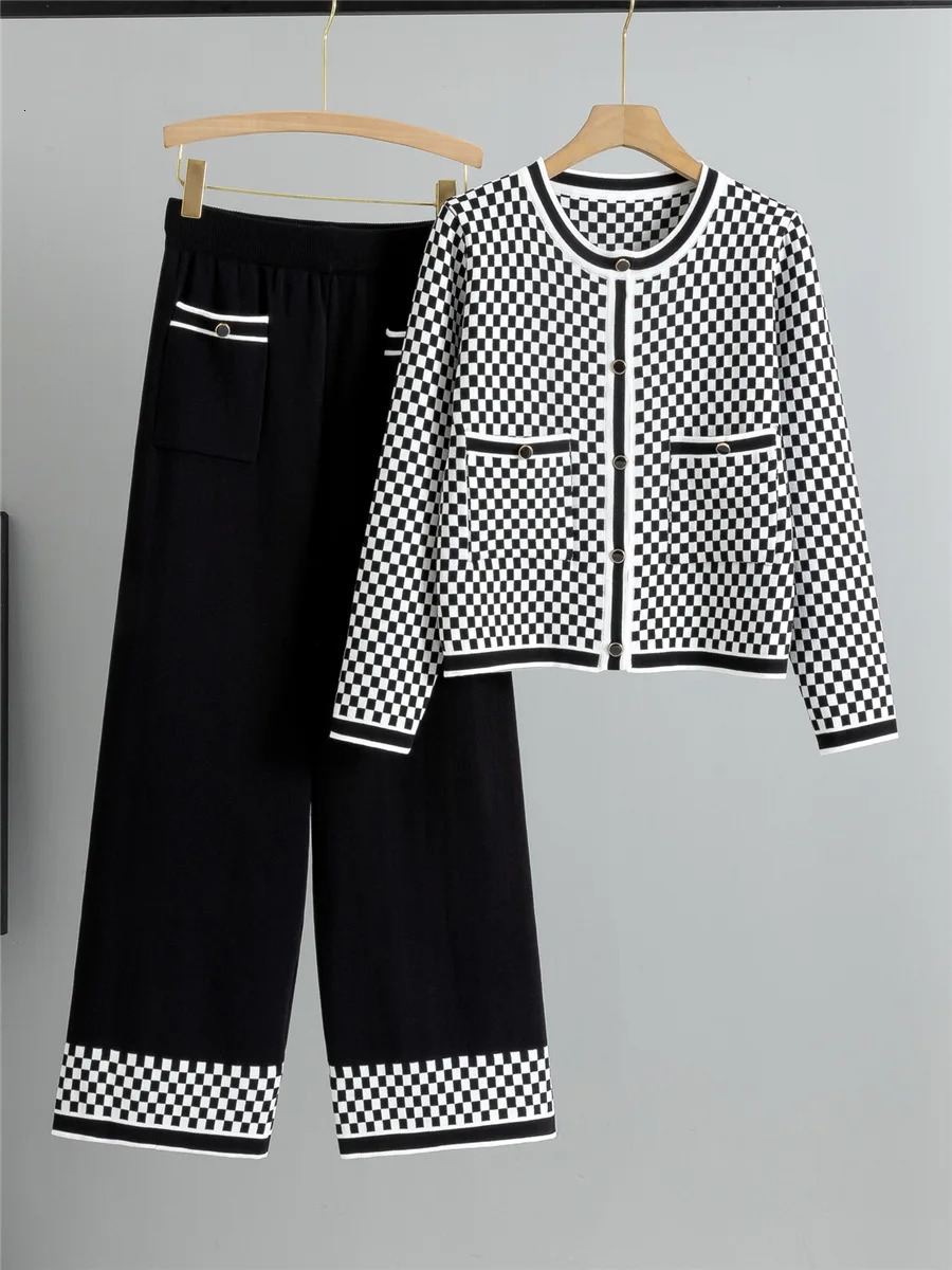 Plaid n Knitted 2 Piece Sets Women Single Breasted Knit Sweater Cardigan Tops Conjuntos High Waist Wide Leg Pants Outfit 250721