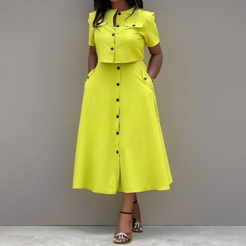 Women Top Skirt Sets Summer Short Sleeve O-Neck Button Shirt Midi Skirts Two 2 Piece Setss Elegant Office Ladies Suits 250714