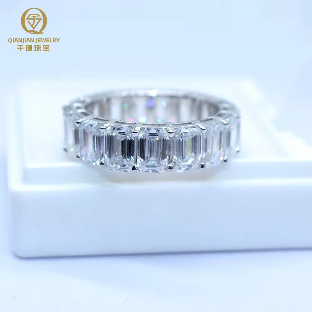 High Quality RTS Prong Setting 925 Silver Moissanite Ring White DEF VVS Emerald Shape Moissanite Rings Hip Hop Style