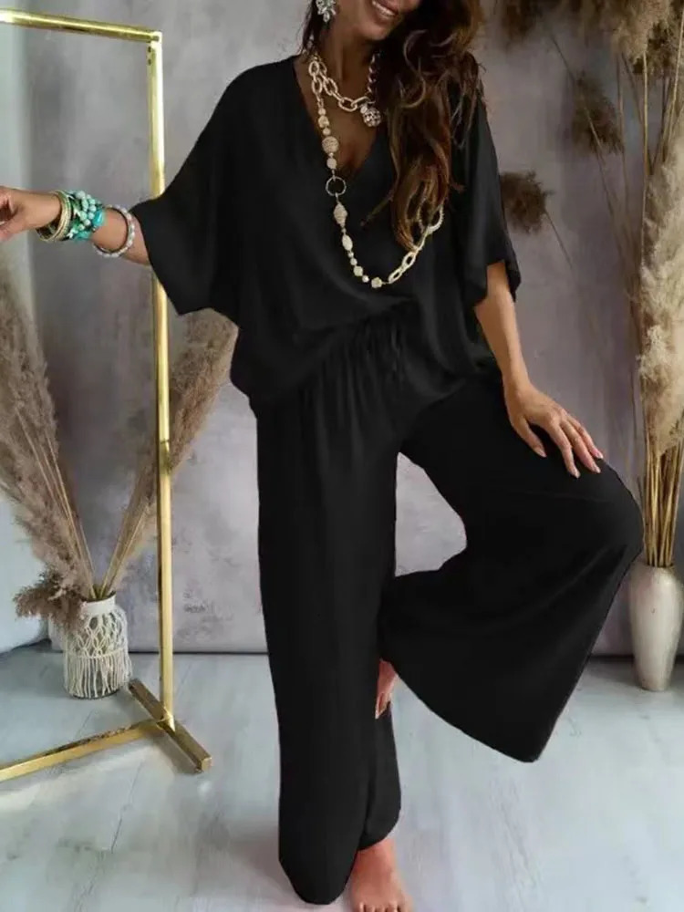 Summer Long Pant Sets Two Piece Set For Women V Neck Bat Sleeve Loose Wide-leg Pants 2 Piece Set Solid Color Casual Outfits 250714