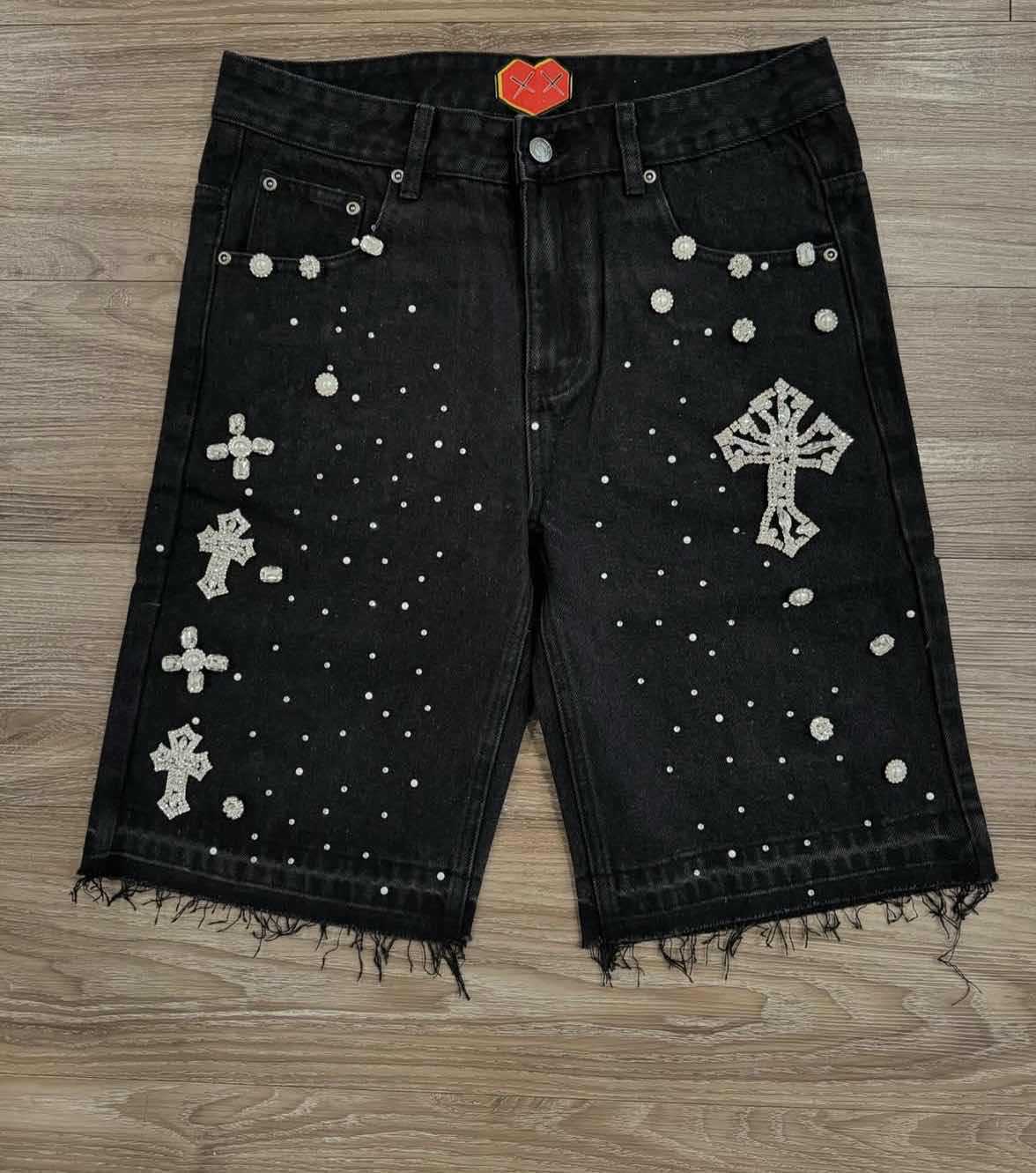 Men's Shorts Gothic Rhinestone Cross Embroidery Viral Denim Jorts Vintage American Trend Gym Men Women Street Hip Hop Jean Short