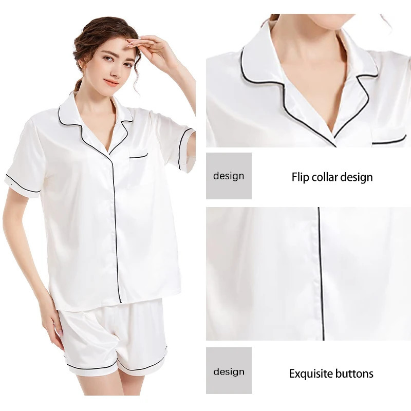 Summer Fashion Solid Color Satin Pajama Set Womens Flip Tie Button Shirt Top and Elastic Shorts 250717