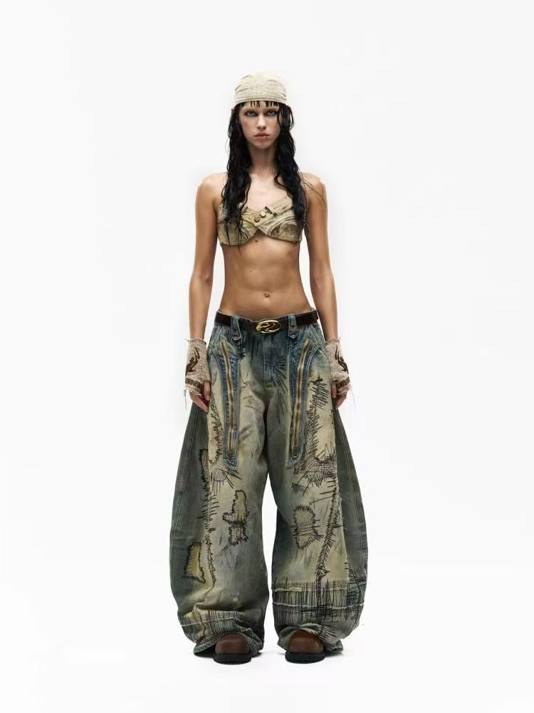 Personsoul Vintage Distressed Wide Fit Denim Pants Retro High Waisted Relaxed Fit Jeans for Man And Women