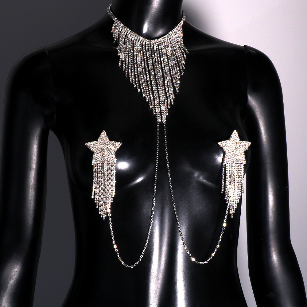 Hot Selling Iced out VVS Moissanite Bling Bling Star Shaped Chest Sticker Nipple Chain Sexy Shiny Nipple Chain Choker Tassel Body Chain for Women Phot