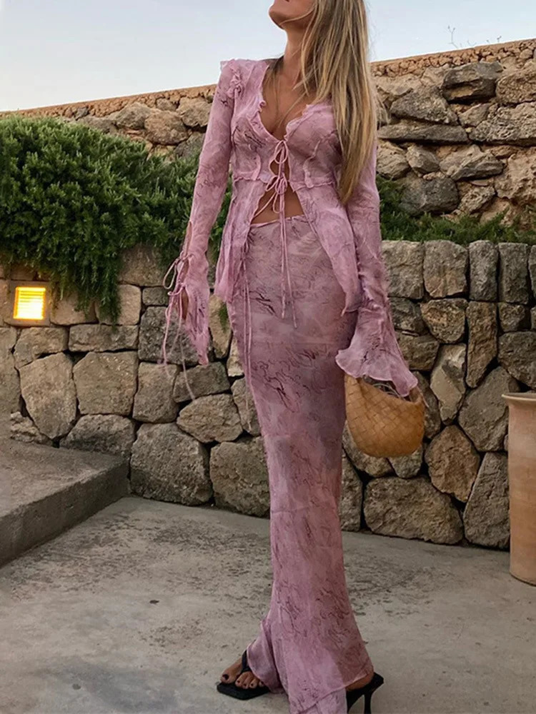Sexy Chiffon Elegant V Neck Printed Beach Cardigan Shirt Long Maxi Skirt Women Two Piece Set Bandage Ruffles Thin Matching Suit 250714