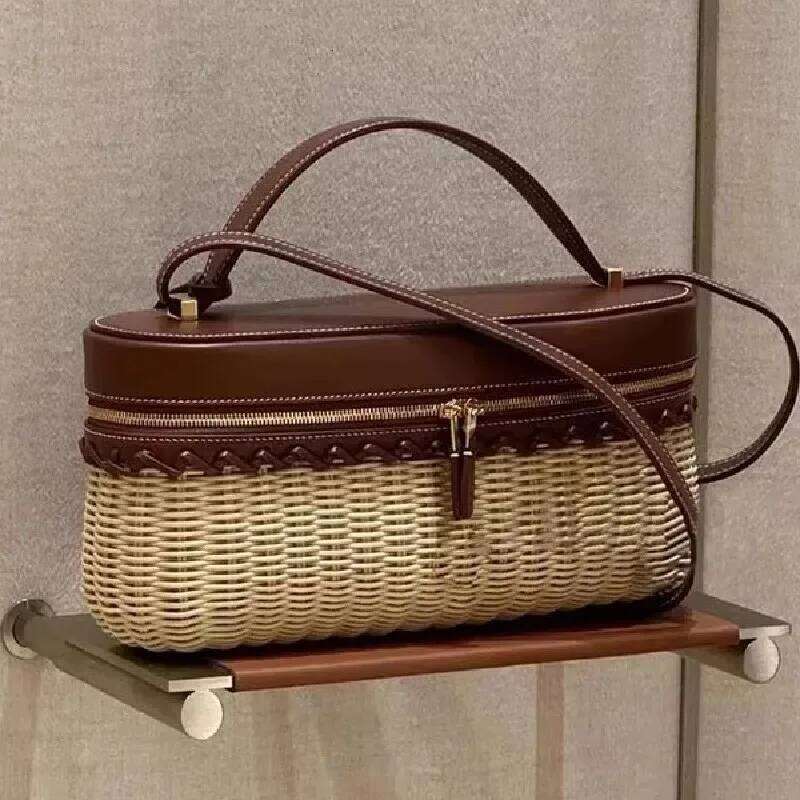 Fashion Woven Rattan Box PU Leather Shoulder Handbag Long Tote Vacation Holiday Shopping Commuting Bag