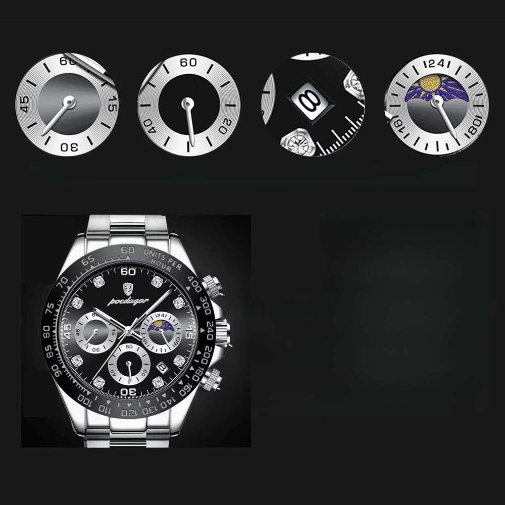 DHwatches Men's Multifunction Quartz Watch - Luminous, Moon Phase, Chronograph, 50M Waterproof, Stainless Steel Band, Sporty Wristwatch
