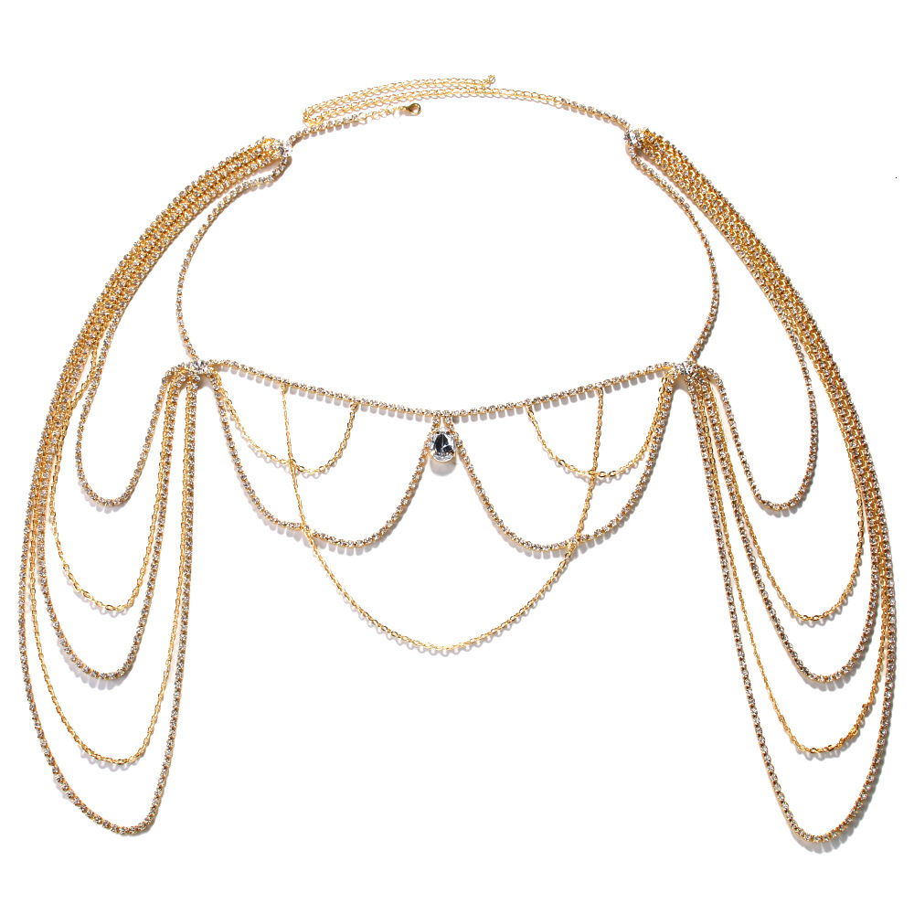 New Arrival Multi Layer Tassel Shoulder Chain Elegant Bride Wedding Iced out Water Drop Body Chain Bling Bling