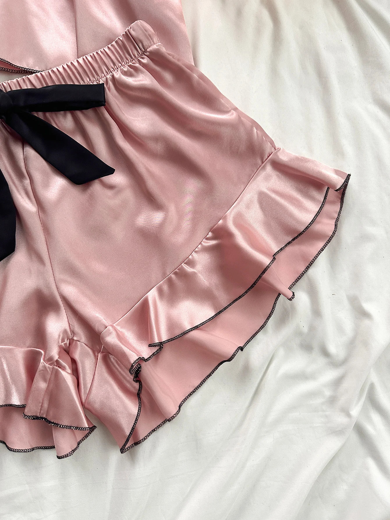 Womens Smooth Satin Pajamas VNeck TShirt Ruffled Edges And Bow Shorts Simple Breathable Pajama Set 250717