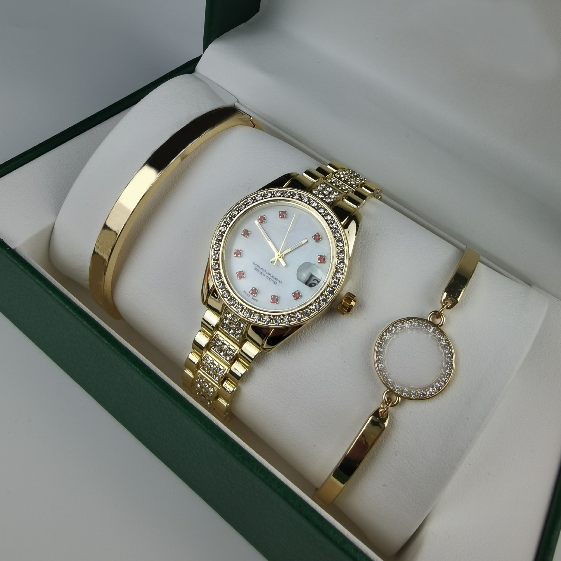3-piece set of watches, bracelets, gift box packaging, women's colored diamond quartz watches, cross-border bestseller