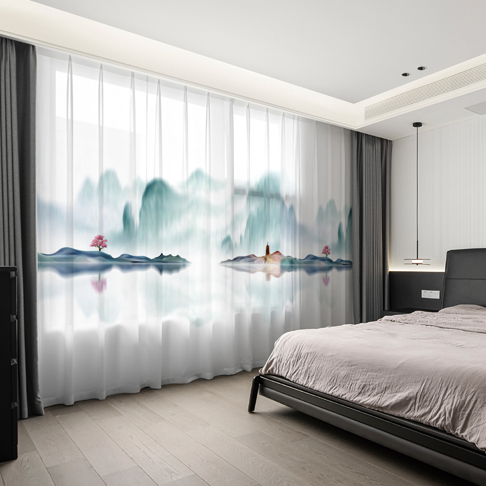 YL-36636 New Chinese style landscape painting all-match chiffon window screen living room bedroom tea house temple light-transmitting and non-transmit
