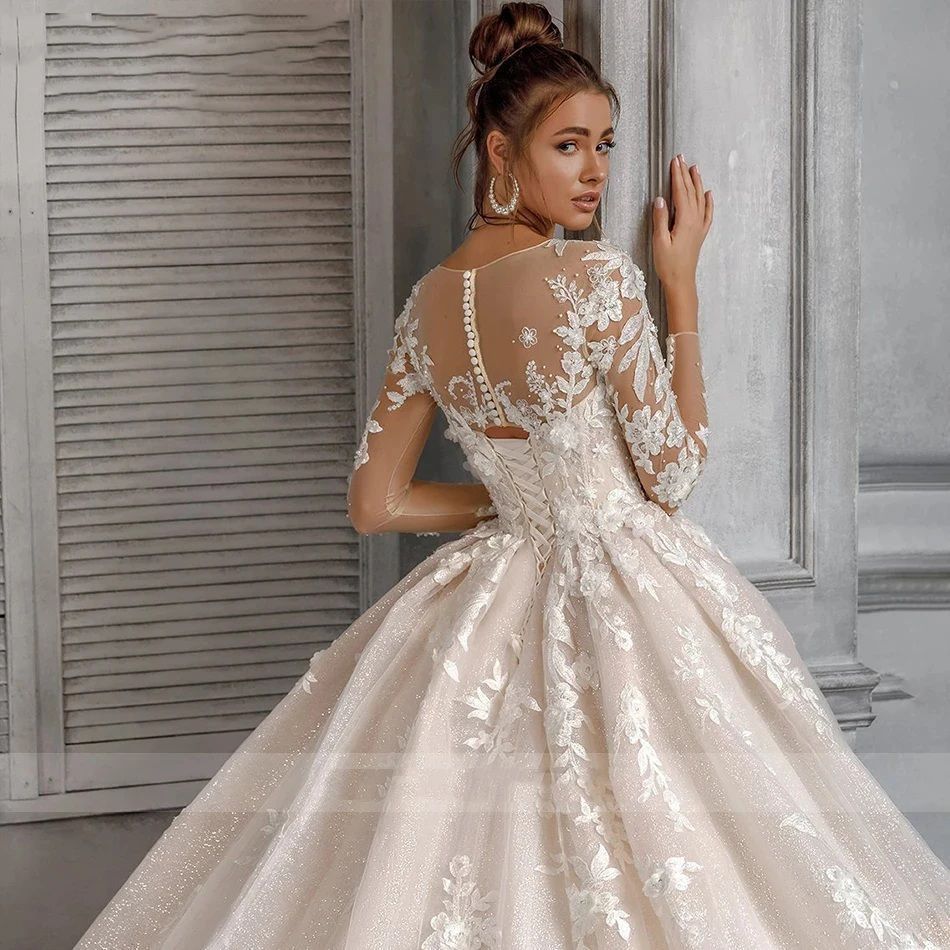 Exquisite Floral Wedding Dresses Appliques Lace Long Sleeves Bridal Ball Gowns De Noite Custom Made For Women 2025 Vestidos De Novia D0306