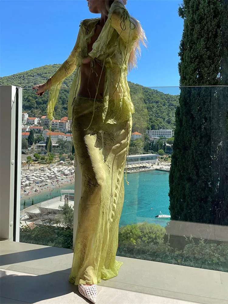 Sexy Chiffon Elegant V Neck Printed Beach Cardigan Shirt Long Maxi Skirt Women Two Piece Set Bandage Ruffles Thin Matching Suit 250714
