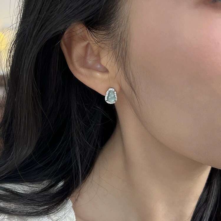 Tiqi New Chinese Style Natural Blue Water Gourd for Women, Light High-end Flashing Zircon Fortune Jade Stone Earrings Trend