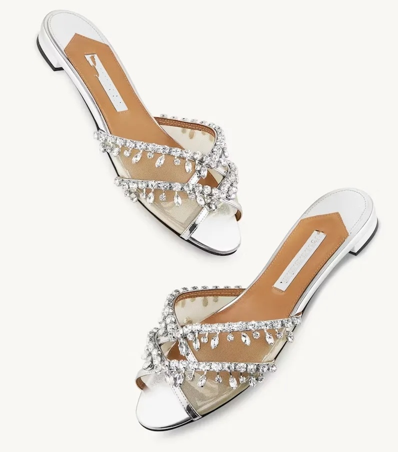 Summer Luxury Women Temptation Crystal Slide Flats Mesh Leather Slip On Sandals Shoes Lady Casual Walking Outdoor Daily Footwear EU35-43