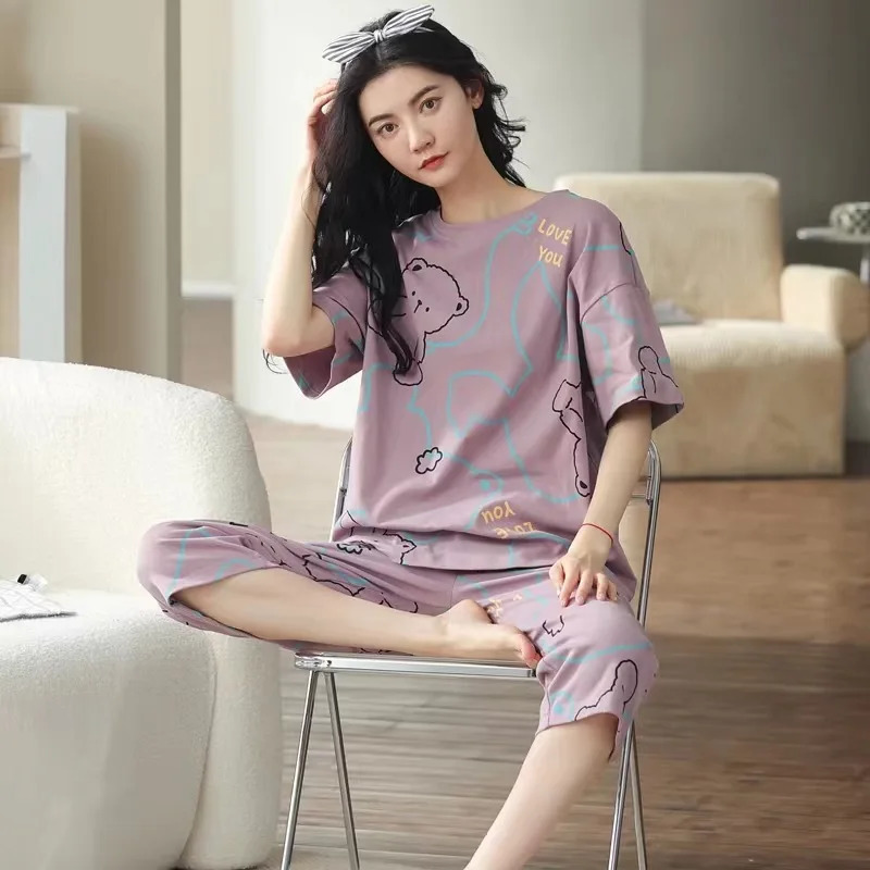 Summer Ladies Pajamas Homewear Set of ShortSleeved Simple Korean Cartoon Loose Large Size 250717
