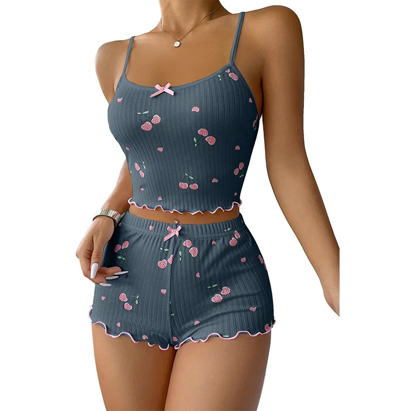 2Piece Pajama Set for Women Cherry Print Bow Front Cami Top and Short Cute Soft Sleepwear 250717