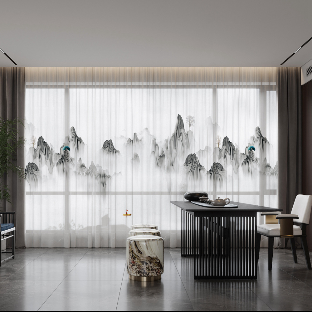 YL-36642 New Chinese style landscape painting all-match chiffon window screen living room bedroom tea house temple light-transmitting and non-transmit