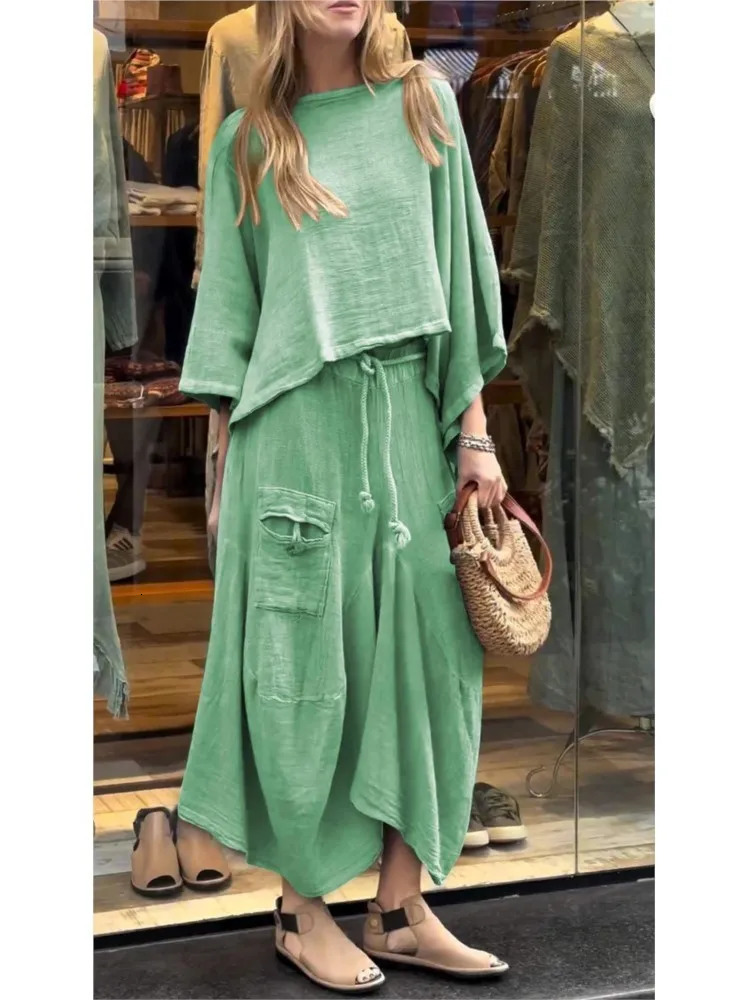 Casual Cotton Linen T Shirt Skirt Two Piece Set Women O-neck Batwing Sleeve T Shirt Outfits Autumn Winter Loose Solid Suit 250714
