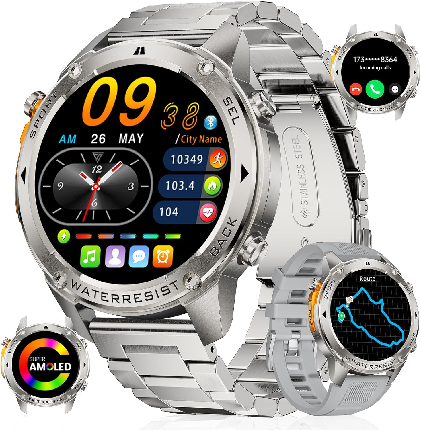 Lige GPS Military Smartwatch for Men Compass smartwatch with calling 170+ sports modes fitness tracker watch 1.43" AMOLED Rugged smartwatch for A