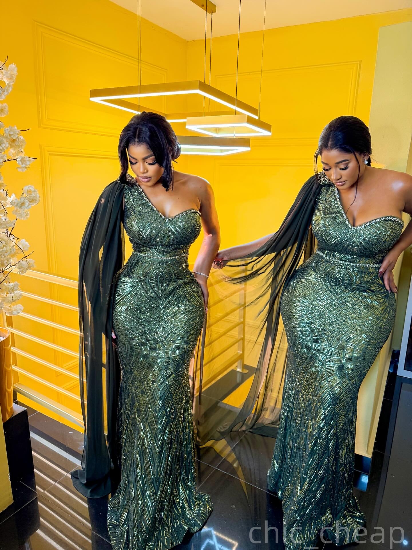 Dark Green Mermaid Prom Dresses 2025 Beaded Sequined One Shoulder Evening Formal Party Second Birthday Engagement Gowns Plus Size Dress For Special Oc