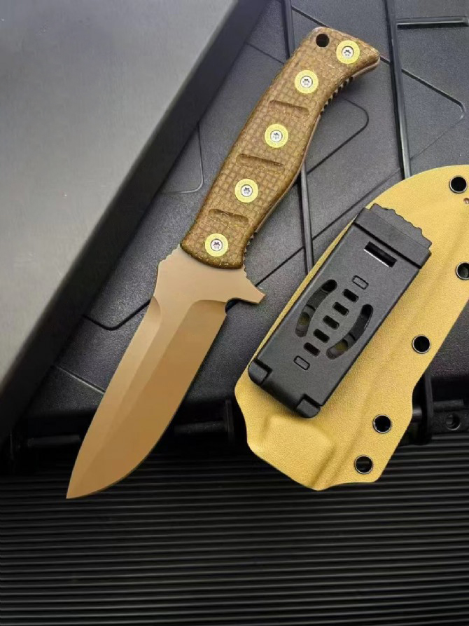 375 Survival Straight Knife D2 Titanium Coating Drop Point Blade Full Tang Micarta Handle Outdoor Fixed Blade Knives with Kydex