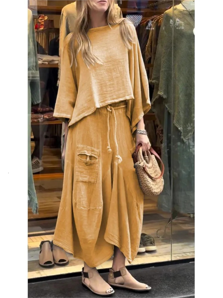 Casual Cotton Linen T Shirt Skirt Two Piece Set Women O-neck Batwing Sleeve T Shirt Outfits Autumn Winter Loose Solid Suit 250714
