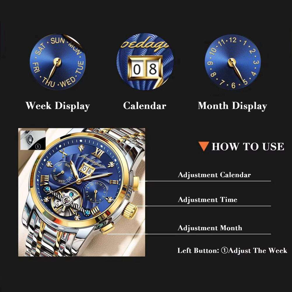 DHgargets Men's Automatic Mechanical Watch - Tourbillon, Skeleton Dial, Day/Date, Luminous, 50M Waterproof, Stainless Steel Business Watch