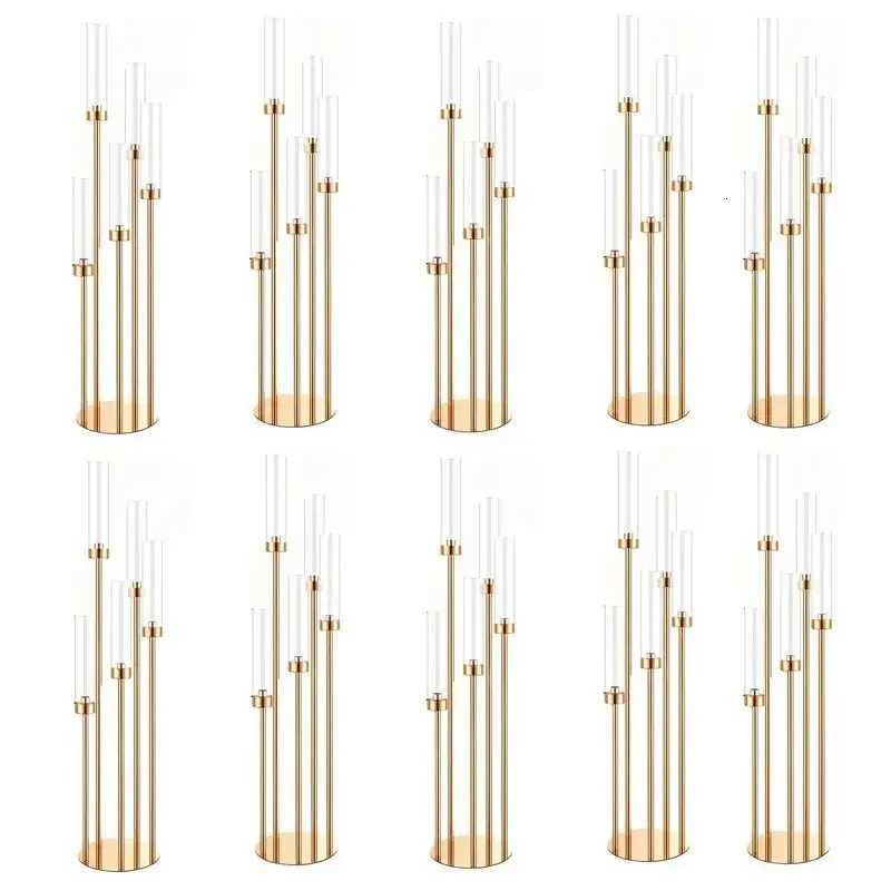 10pcs 5/8 Heads Metal Candelabra Candle Holders Road Lead Table Centerpiece Gold Candelabrum Stand Pillar Candlestick for Wedding W250721 XJ260305