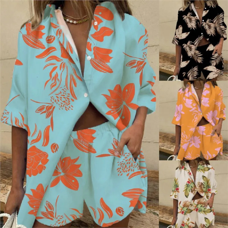 Women Printed Two Piece Summer Loose Turn Down Collar Shirt Suit Mulheres Top Shorts Pant Suits Ladies Casual Office Outfits 250714