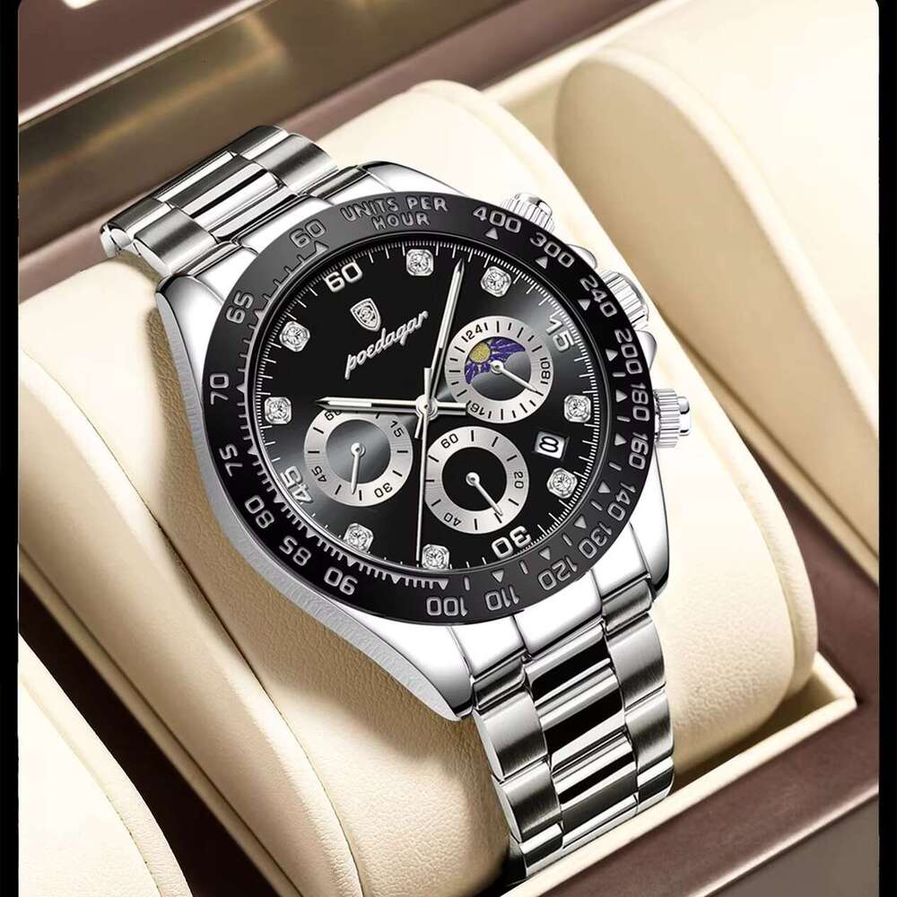 DHwatches Men's Multifunction Quartz Watch - Luminous, Moon Phase, Chronograph, 50M Waterproof, Stainless Steel Band, Sporty Wristwatch