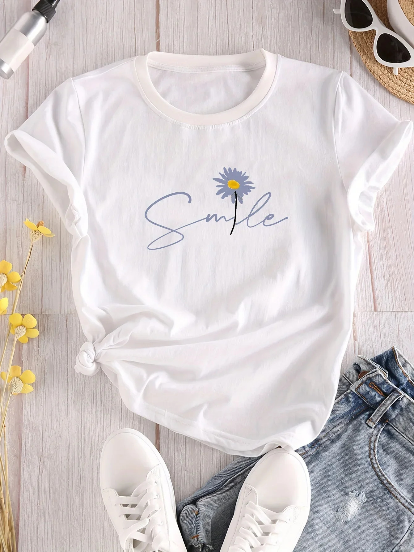 Flower Letter Print Crew Neck TShirt Casual Short Sleeve for Summer Womens Clothing Comfortable Soft Creative Tops 250707