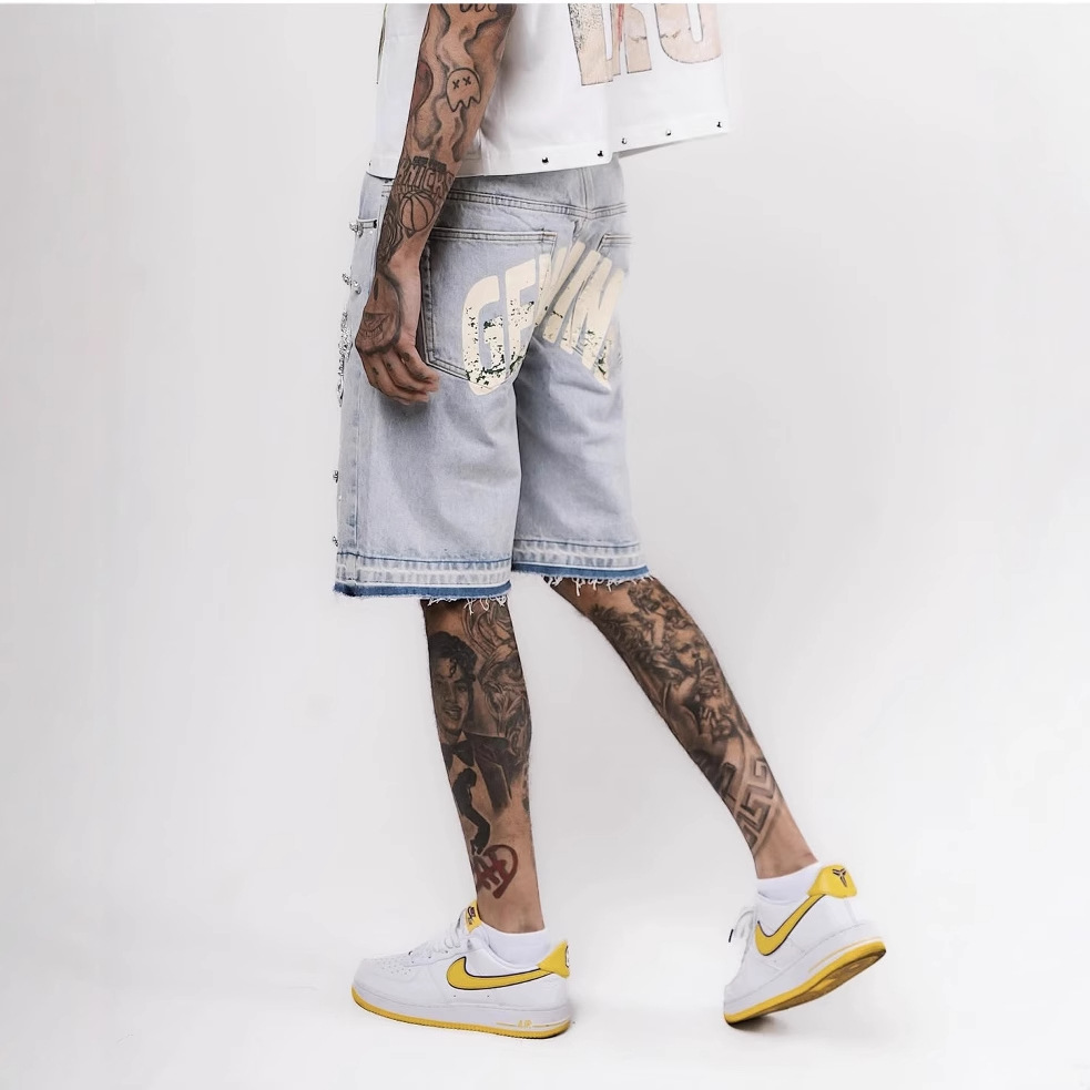 Men's Shorts Gothic Rhinestone Cross Embroidery Viral Denim Jorts Vintage American Trend Gym Men Women Street Hip Hop Jean Short