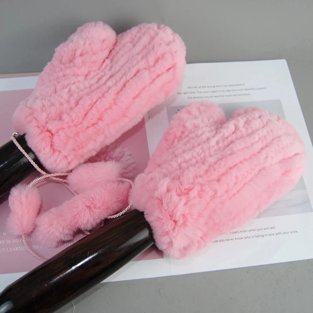Knitted Fur Women Mittens Women Elastic Handmade Knit Rex Rabbit Fur Gloves Winter Natural Rex Rabbit Fur Glove 250717