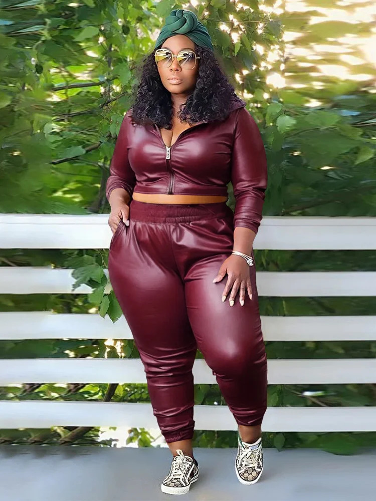 Wmstar Plus Size PU Two Piece Outfits Women Fall Clothing Hoodies Coat Pants Sets Legging Matching Set Wholesale Drop 250714
